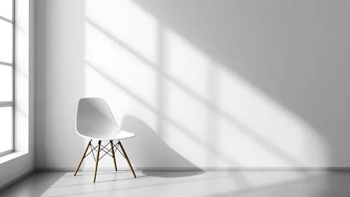 Minimalist white chair in bright sunlit interior corner.