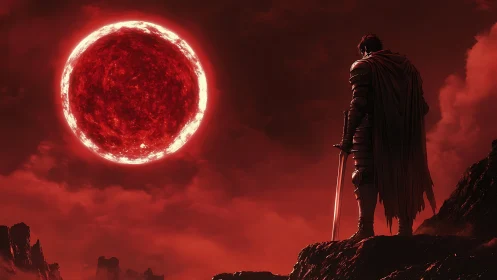 Armored warrior contemplates an ominous blood-red sun.