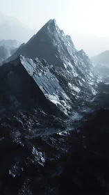 Sharp angular mountain ridge extends through misty backlight