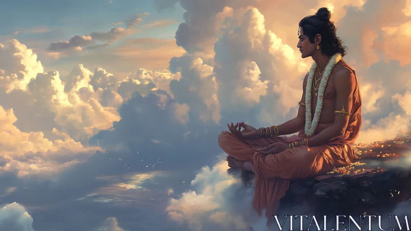 Sky-cliff yogi in sunrise clouds of quiet, golden serenity.