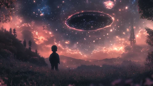 Stargazing child stands beneath a glowing cosmic portal sky