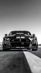 Monochrome muscle car frontal portrait on desert track.