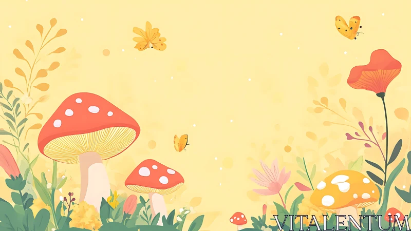 Whimsical amanita mushrooms with butterflies on pastel meadow ground