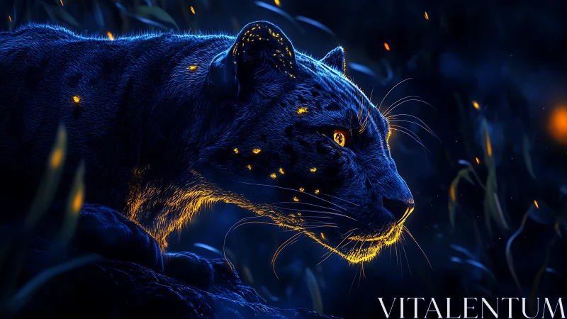 Feline creature in neon-lit environment with blue and gold illumination.