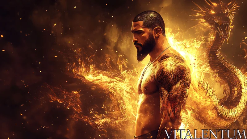 Tattooed warrior in fiery dragon aura with molten embers