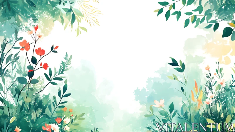 Asymmetrical floral border uses layered watercolor foliage framing