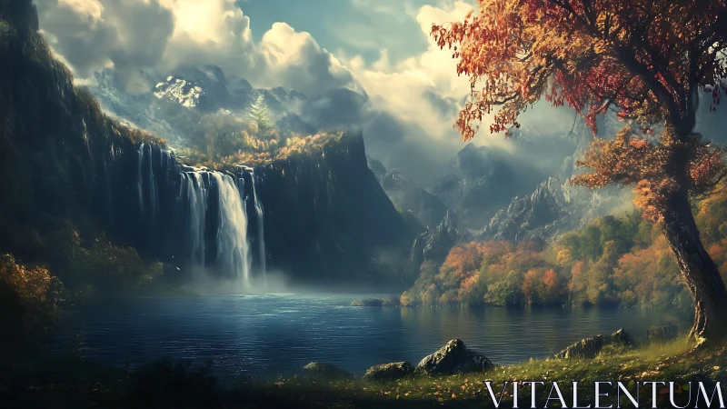 Waterfall and autumn tree in dramatic mountain valley.
