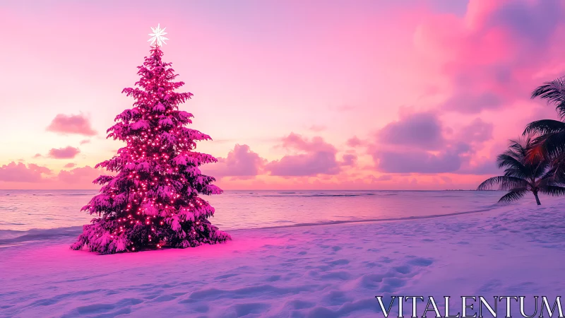 Pink lit Christmas tree on tropical beach at sunset.