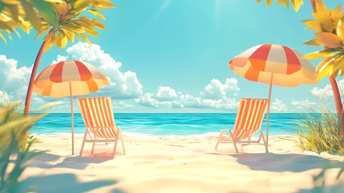 Dual Sunshade Configuration with Striped Beach Chairs and Tropical Oceanscape.