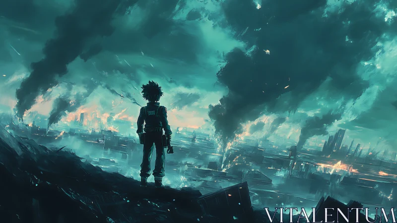 Lone survivor overlooks burning teal dystopian cityscape.