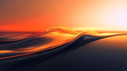 Luminous abstract wave crest under blazing sunset sky.