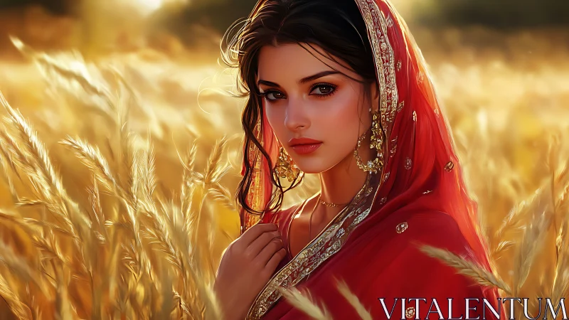 Digital portrait in golden wheat with red embroidered veil.