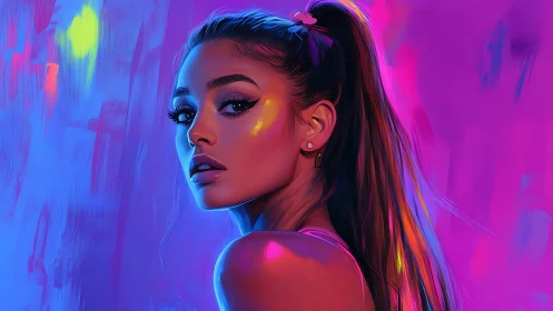 Neon-lit portrait of a poised woman in electric hues.