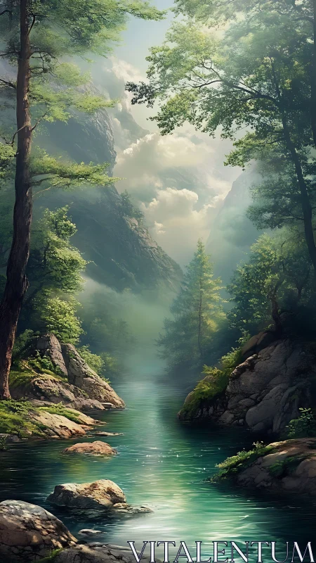 Misty river canyon framed by tall trees and cliffs.