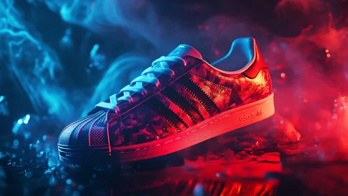 Red sneaker in dramatic blue and red neon smoke scene.