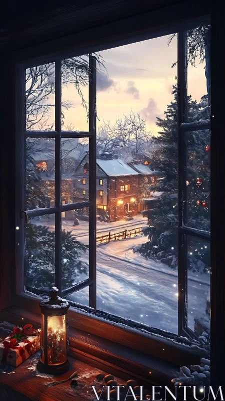 Winter village glows beyond a cozy candlelit window
