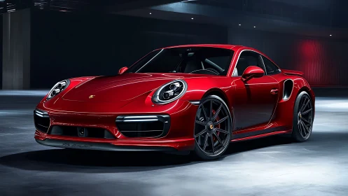 Sleek red sports coupe glows confidently in a modern garage