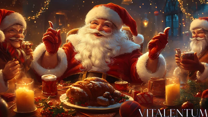 Digital painting of festive Santa feast under warm candlelight.