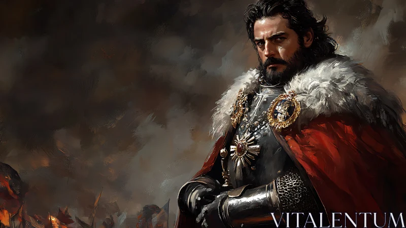 Medieval noble in armor with red cloak against smoky sky.