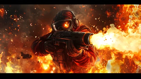 Thermobaric assault trooper amid volumetric inferno blastfield.