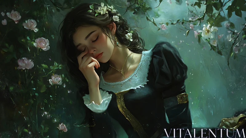 Sleeping maiden in dark dress beneath blooming vines.