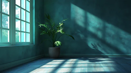 Quiet houseplant studies sunlight stripes on teal walls