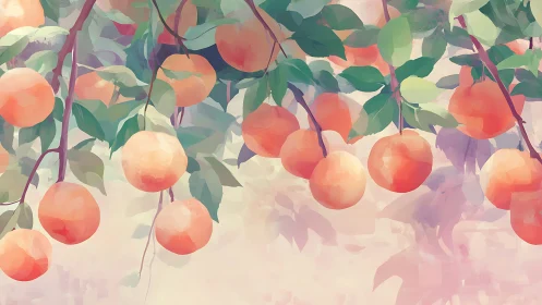 Sunlit peach branches hang low over soft watercolor sky