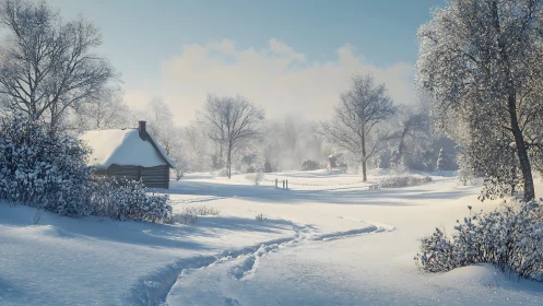 Snow-covered rural landscape with cabin and bare trees.