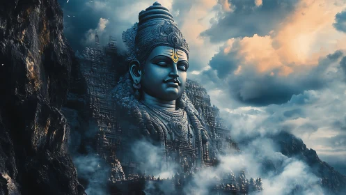 Colossal stone deity head emerging from misty cliffs.