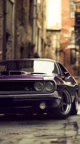 Classic purple muscle car is parked in narrow urban alley