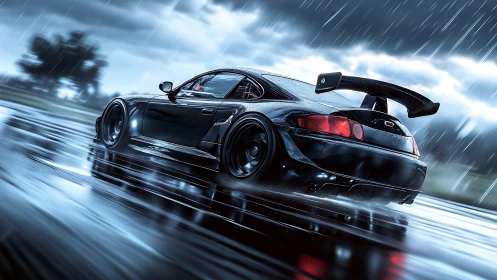 Rain-soaked widebody track coupe under dynamic motion blur.