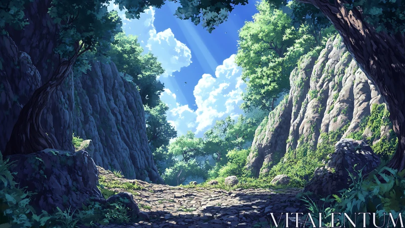 Sunlit Canyon Valley: Volumetric Lighting Through Limestone Gorge Architecture.