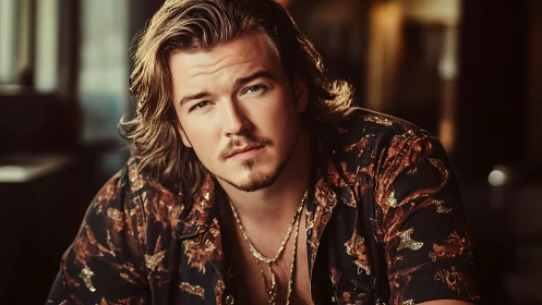 Cinematic shallow‑focus portrait of man in patterned shirt