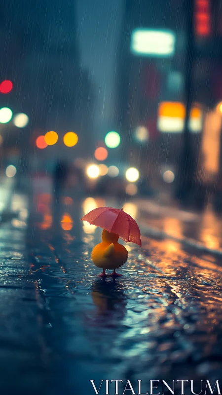Rubber duck with red umbrella on neon city street at night.