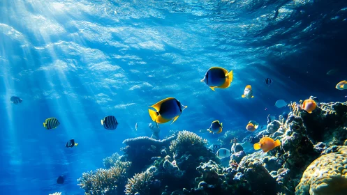 Sunlit reef ballet with neon fish pirouetting in blue hush.