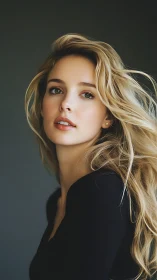 Soft-lit blonde portrait captures serene, confident gaze.