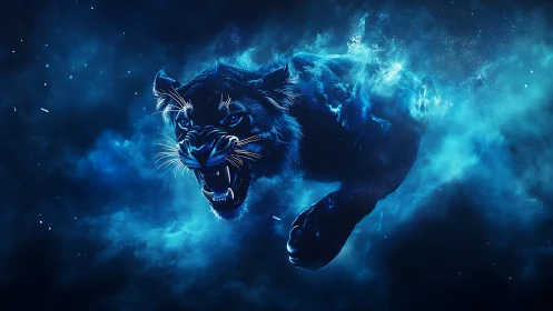 Roaring blue panther lunging through ethereal smoke storm.