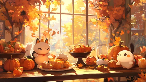 Anime Autumn Still Life: Maneki-neko and Ghost Characters Amid Pumpkins