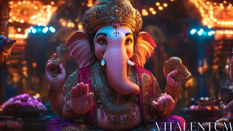 Radiant Lord Ganesha idol glows amid festive temple lights