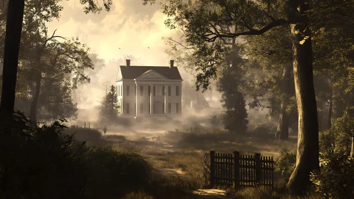 Sunlit neoclassical manor emerges through atmospheric woodland haze