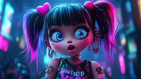Neon punk girl with big blue eyes in cyberpunk city street