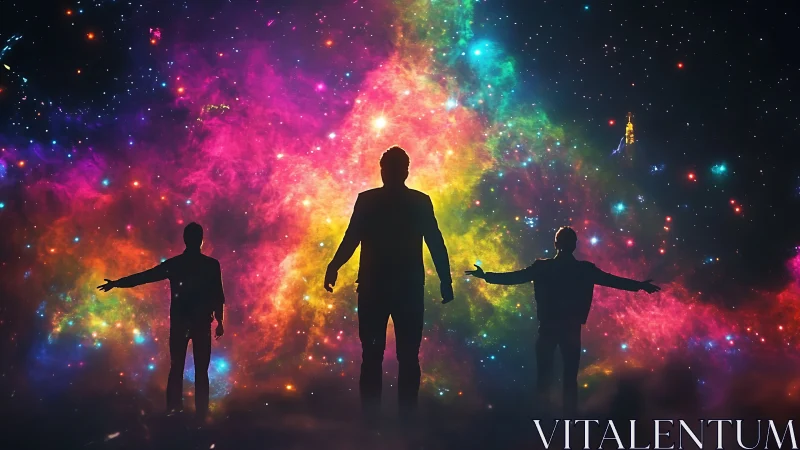 Silhouetted trio stand before radiant multicolored nebula sky