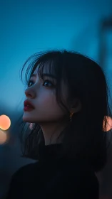 Twilight side-profile portrait with cinematic bokeh rendering.
