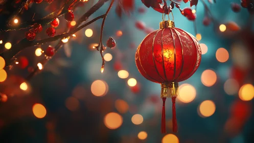 Red lantern glows among bokeh lights and berry branches.
