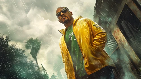 Man in yellow jacket standing in rainy urban alleyway scene.