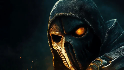 Fiery eyed hooded reaper gazes out from the smoky dark