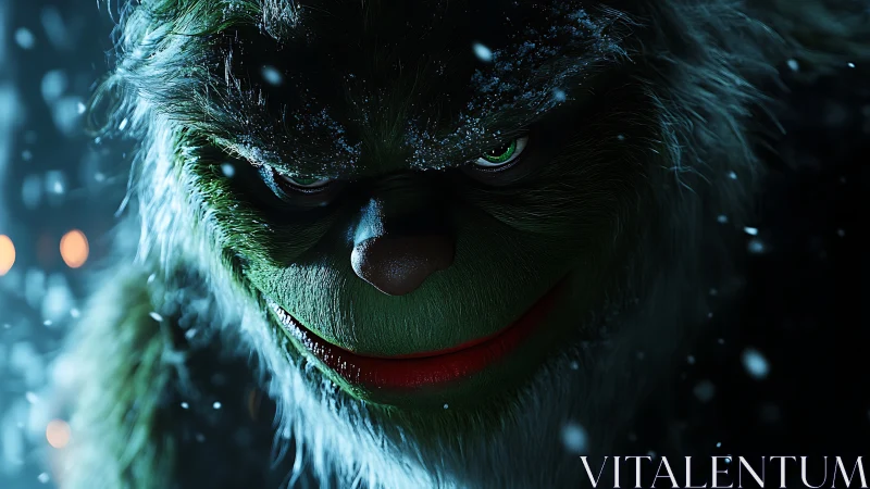Snow-dusted mischief sharpens in a green grinning midnight face