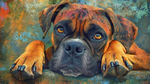 Boxer dog portrait rests with head forward on textured surface