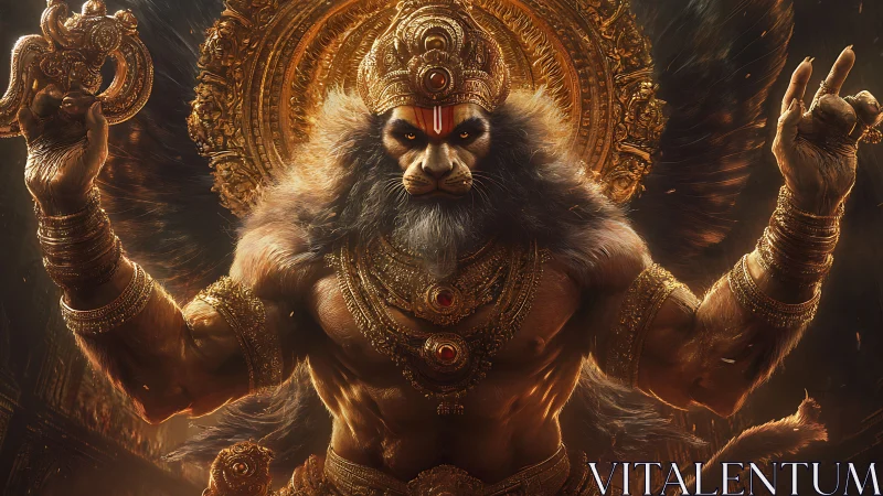 Lion-headed deity blazes forward crowned in molten gold