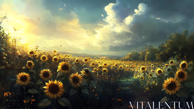 Backlit sunflower field rendered with atmospheric perspective and depth